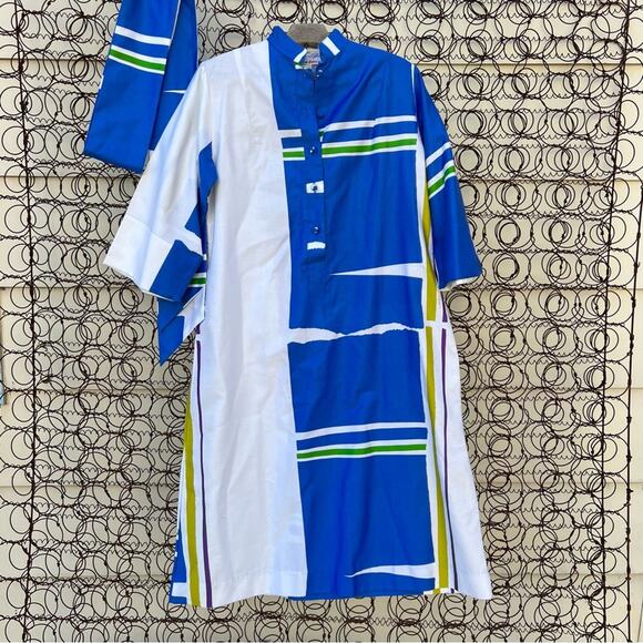 VTG 1970's Catherine Ogust for Penthouse Gallery blue white gold stripe dress S - Picture 2 of 11